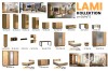 Übersicht der LAMI Kollektion mit verschiedenen Möbelstücken und Maßen für Wohn- und Schlafzimmer.