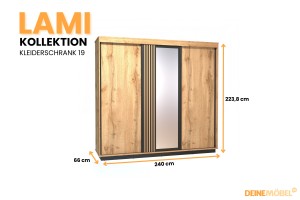 LAMI 19 Schwebetürenschrank 240 cm, mit Spiegel  Wotan Eiche/Schwarz Matt Deine Moebel