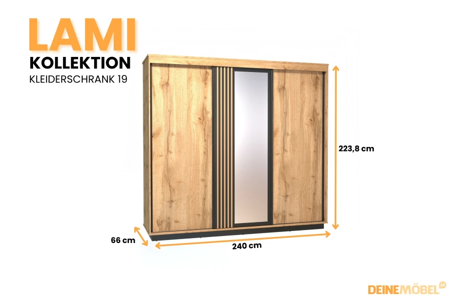LAMI Kleiderschrank 19 in Eichenoptik mit Maßen: 240 cm Breite und 223,8 cm Höhe.
