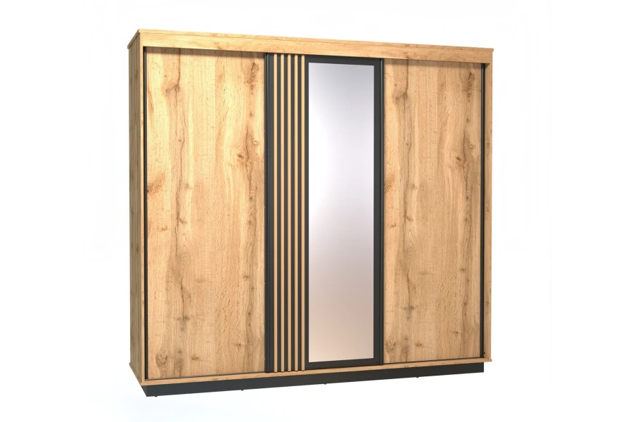 Großer Kleiderschrank in Eiche-Optik mit Schiebetüren und Spiegel aus der Lami Kollektion.
