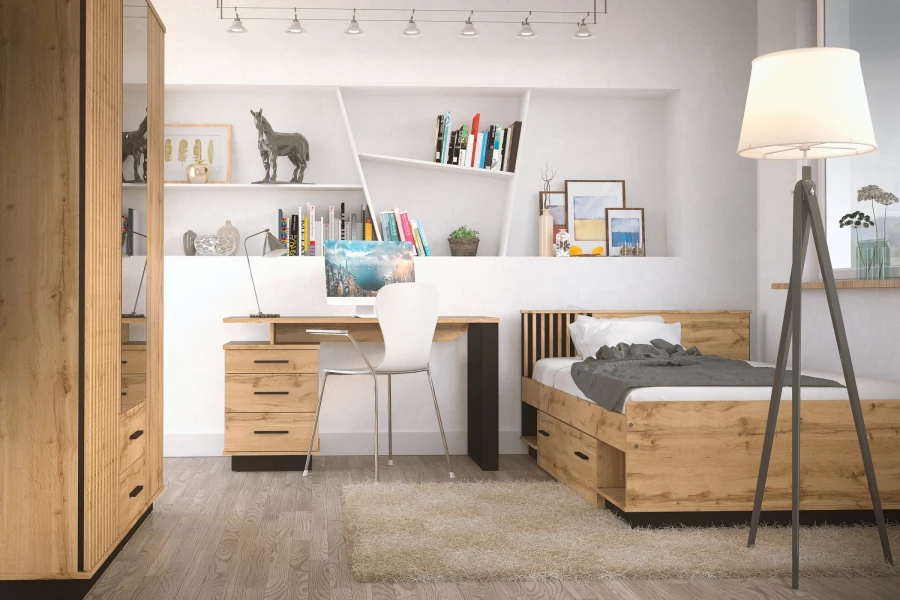 Modernes Jugendzimmer-Set Lami mit Bett, Schreibtisch und Kleiderschrank in warmer Holzoptik.