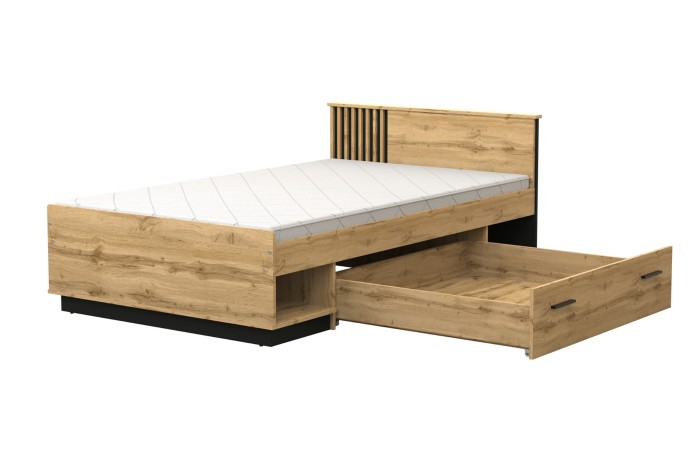 Bett 120x200 cm in Eichenoptik mit ausziehbarer Schublade und offenem Fach, Lami Kollektion.