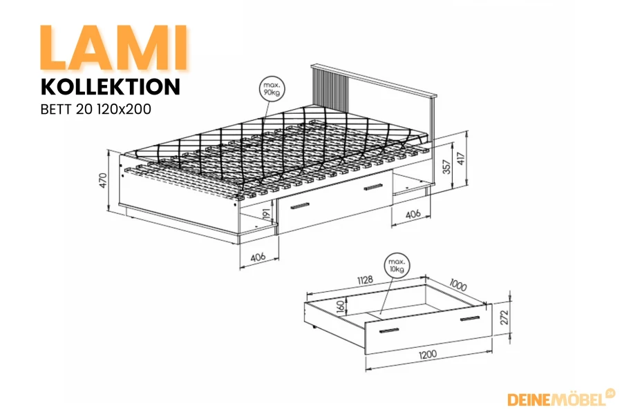 Technische Zeichnung Lami Bett 120x200 mit Maßen und Details zur Bettschublade.