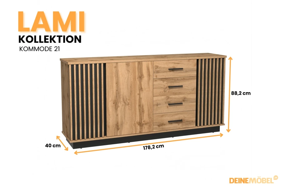 Lami Kommode 21 in Eiche mit schwarzen Lamellen und Maßen 178,2 x 88,2 x 40 cm.