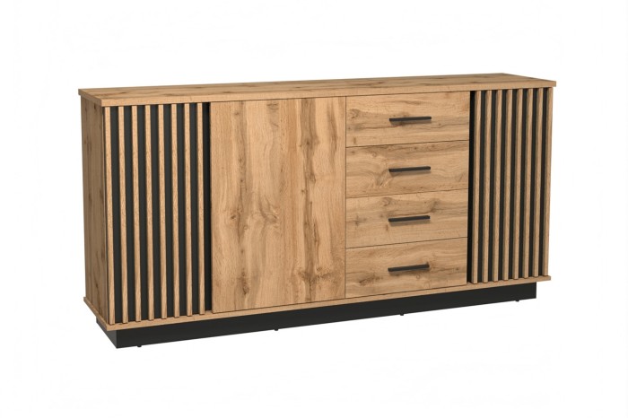 Modernes Sideboard Lami Kommode 21 in Eiche-Optik mit stilvollen schwarzen Lamellen.