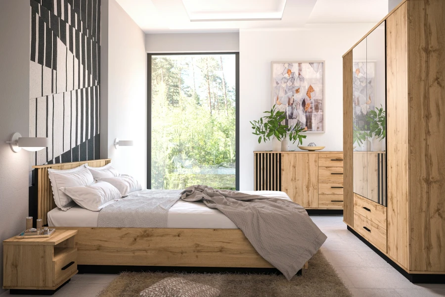 Modernes Schlafzimmer-Set Lami mit Bett, Kleiderschrank und Kommode in Holzoptik.
