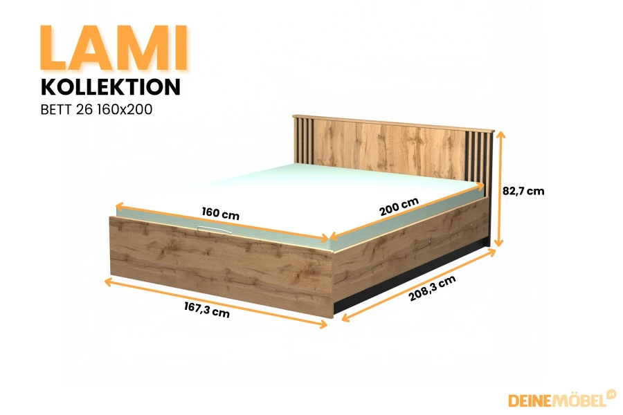 Detaillierte Maße für das Lami Bett 26 in 160x200 cm mit Breiten- und Höhenangaben.