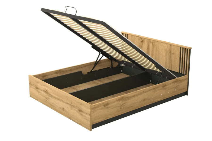 Lami Bett mit praktischem Bettkasten und hochklappbarem Lattenrost für Stauraum.