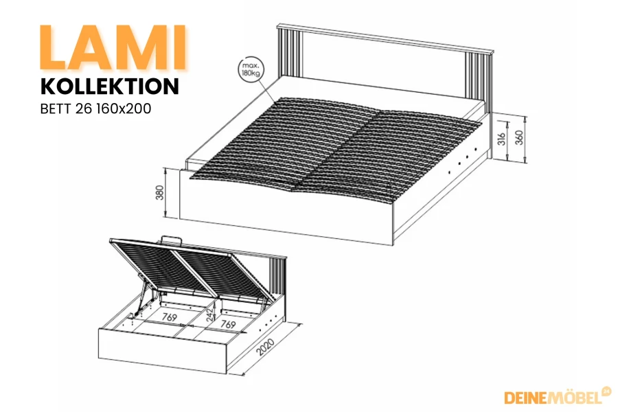 Lami Kollektion Bett 26 160x200 - Technische Zeichnung mit Bettkasten und Maßen.