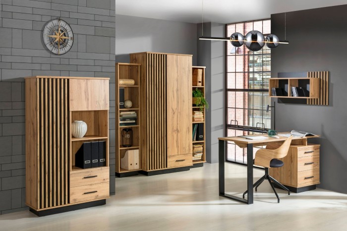 Einrichtungsidee für ein Arbeitszimmer mit Lami Schreibtisch, Regalen und Aktenschrank.