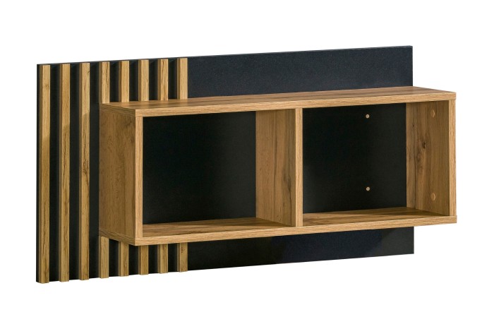 Modernes Wandregal 11 in Eiche-Optik mit schwarzer Rückwand und Lamellen-Design aus der Lami Serie.