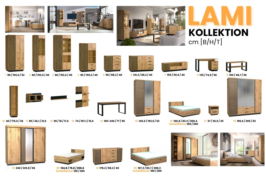 Übersicht der LAMI Möbelkollektion: Schränke, Betten und Tische in Artisan Eiche mit schwarzen Lamellen.