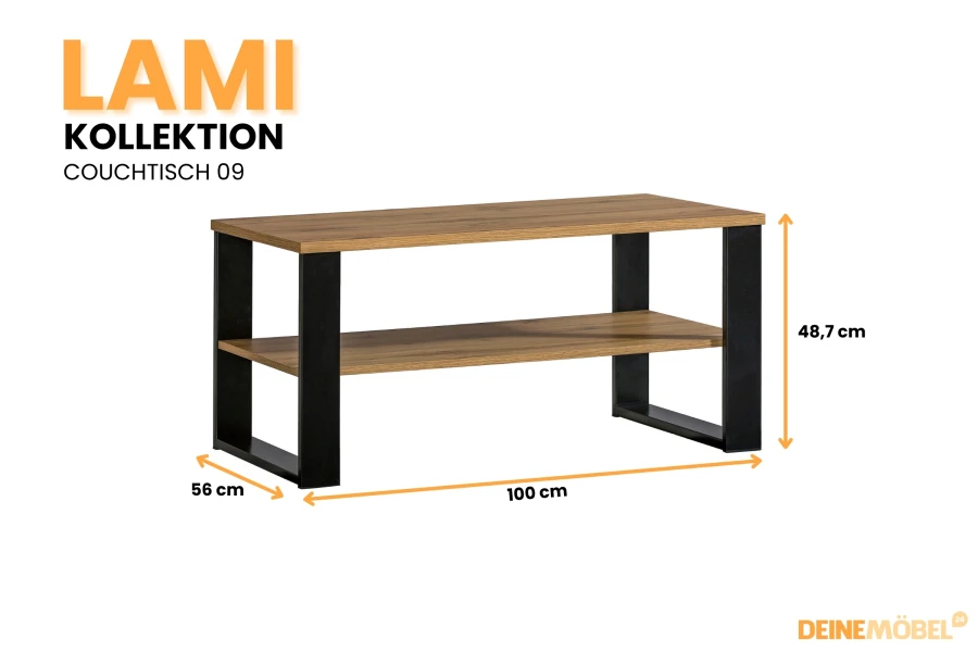 Abmessungen des LAMI Couchtischs 09: 100x56x48,7 cm, Eichenoptik mit schwarzen Akzenten.