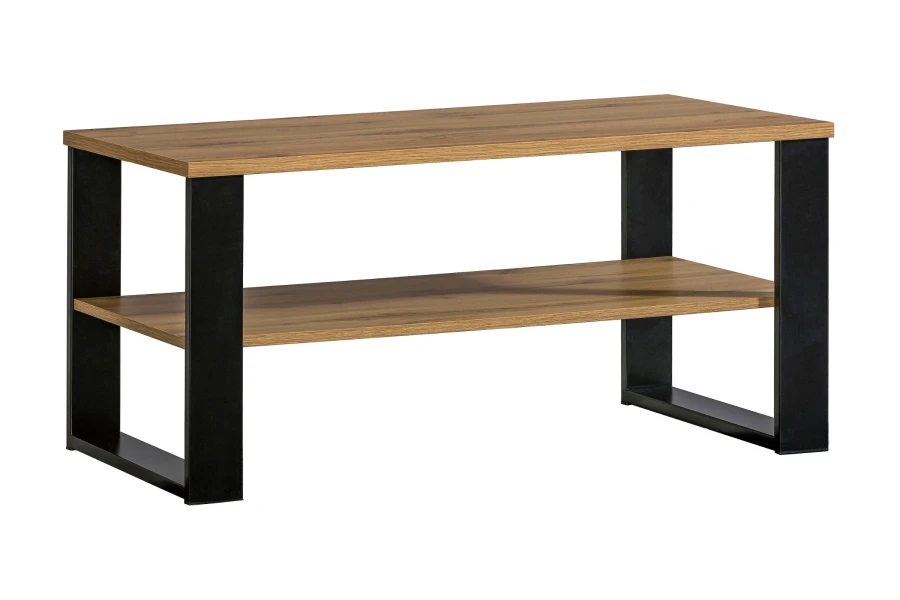 Moderner LAMI Couchtisch 09 in Eiche-Dekor mit schwarzen Beinen und zusätzlichem Ablagefach.