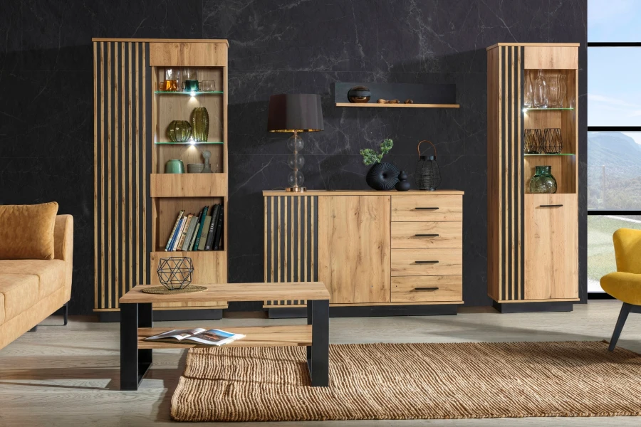 Wohnzimmermöbel Set mit Sideboard, Highboard und Vitrine in Eiche mit schwarzen Lamellen.