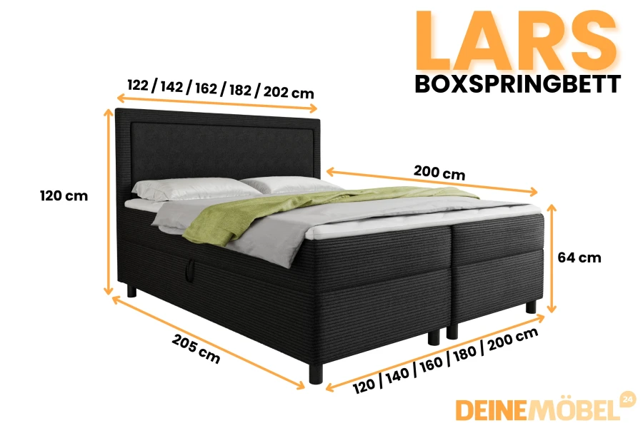 Afmetingen van het boxspringbed Lars met verschillende beschikbare breedtes van 120 tot 200 cm.