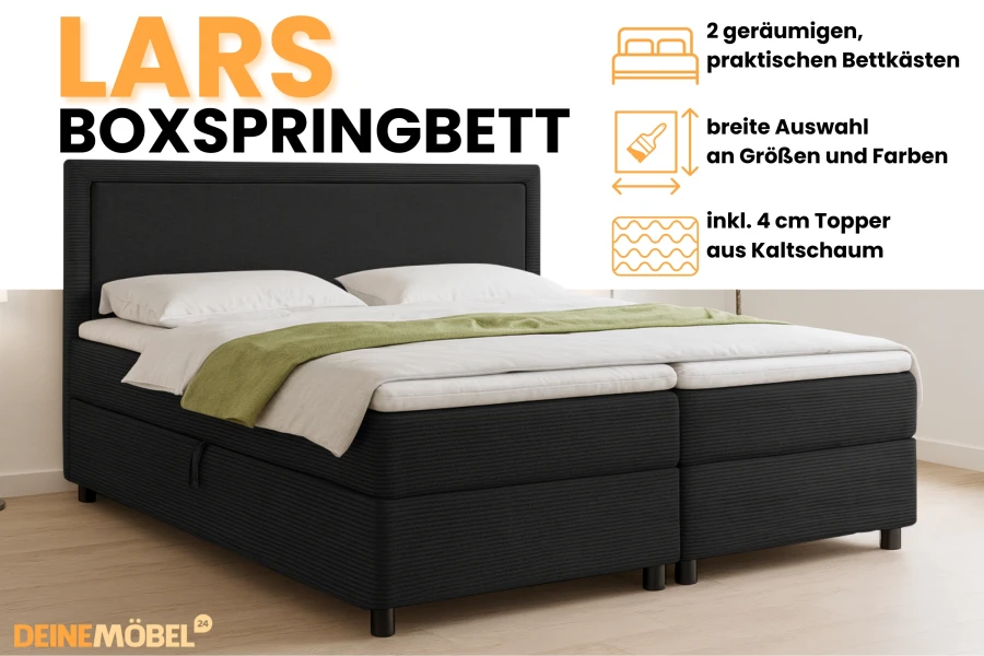 Lars boxspringbed met highlights: opbergruimtes, grote kleurkeuze en inclusief koudschuim topper.