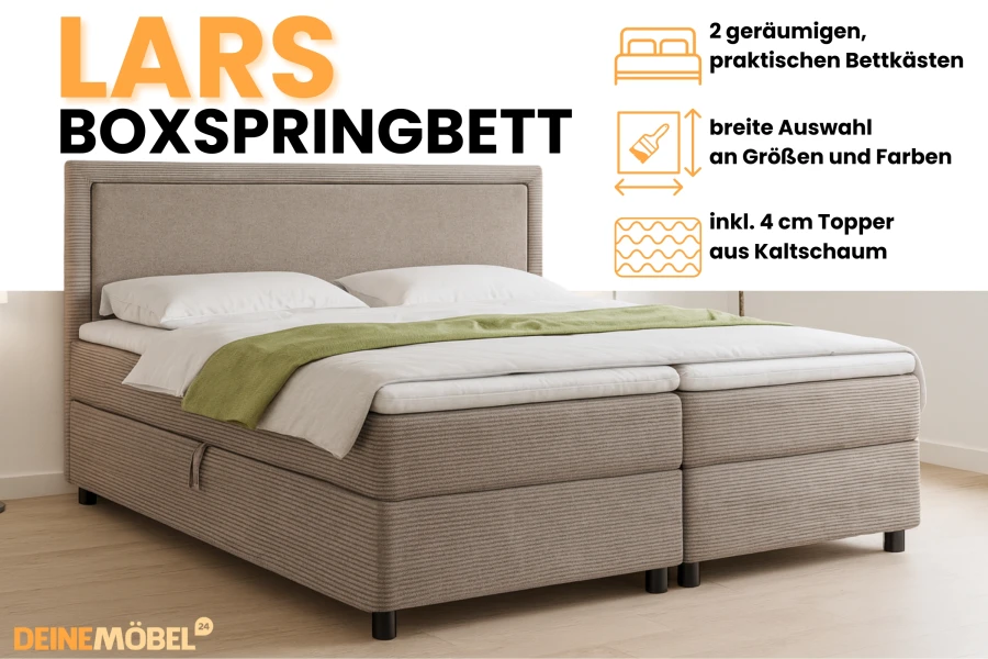 Infographic van het boxspringbed Lars met details over de opbergruimtes en koudschuim-topper.