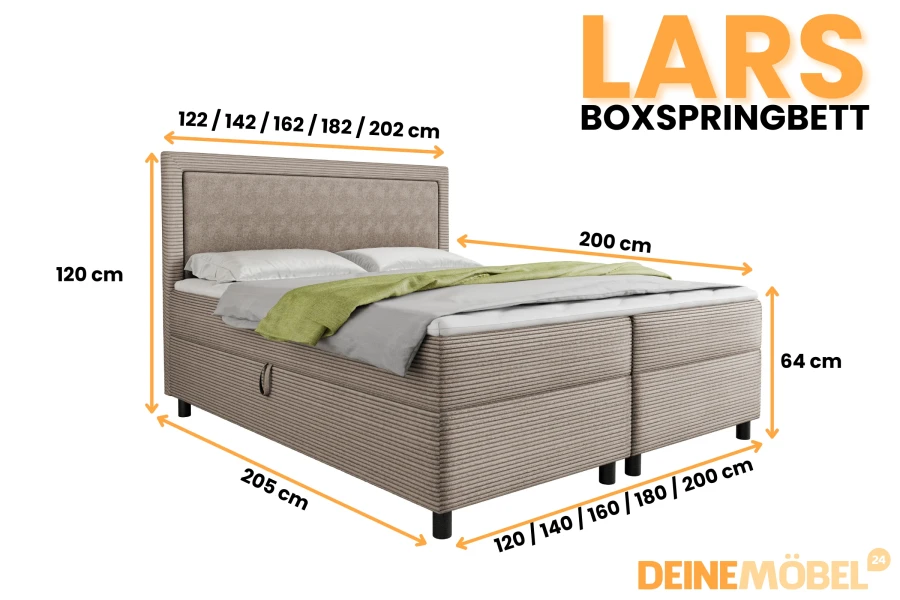 Afmetingen en verschillende maatvarianten voor het boxspringbed Lars.