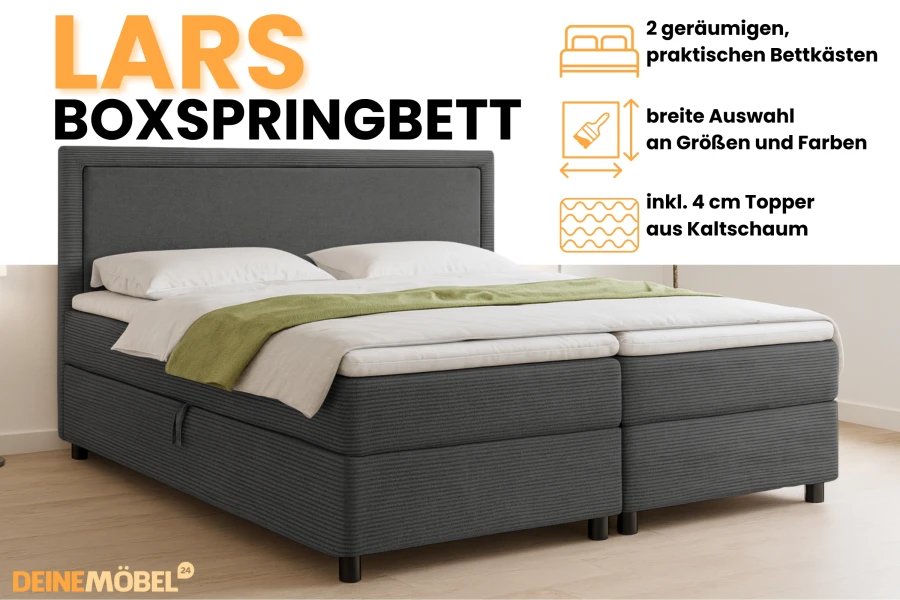 Productvoordelen Lars boxspringbed: Inclusief opbergruimte, topper en verschillende kleuren.