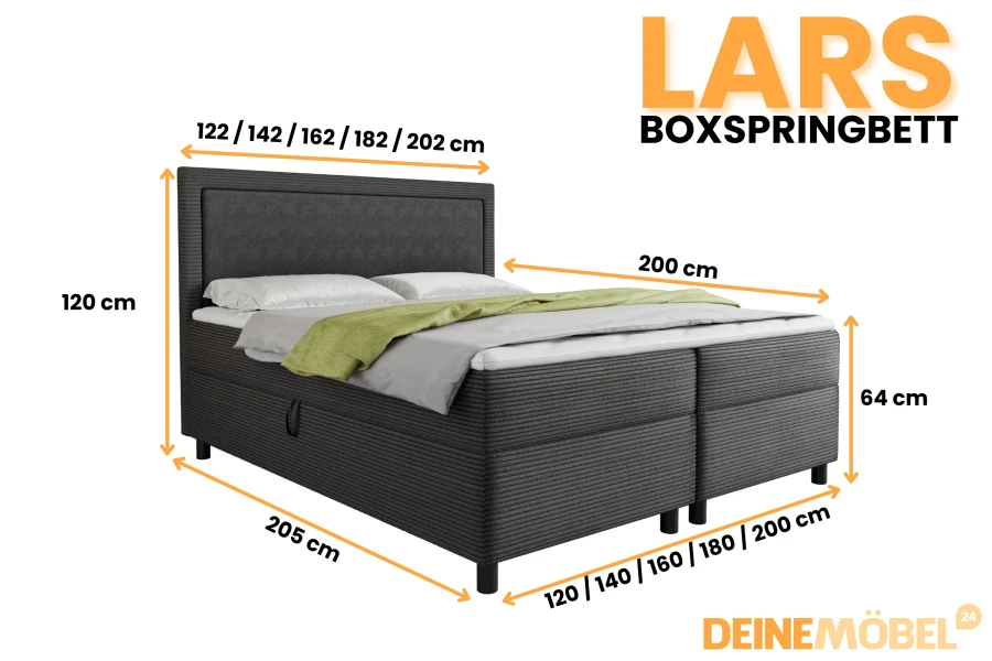 Afmetingen en maten voor het Lars boxspringbed: breedtes van 120cm tot 200cm.