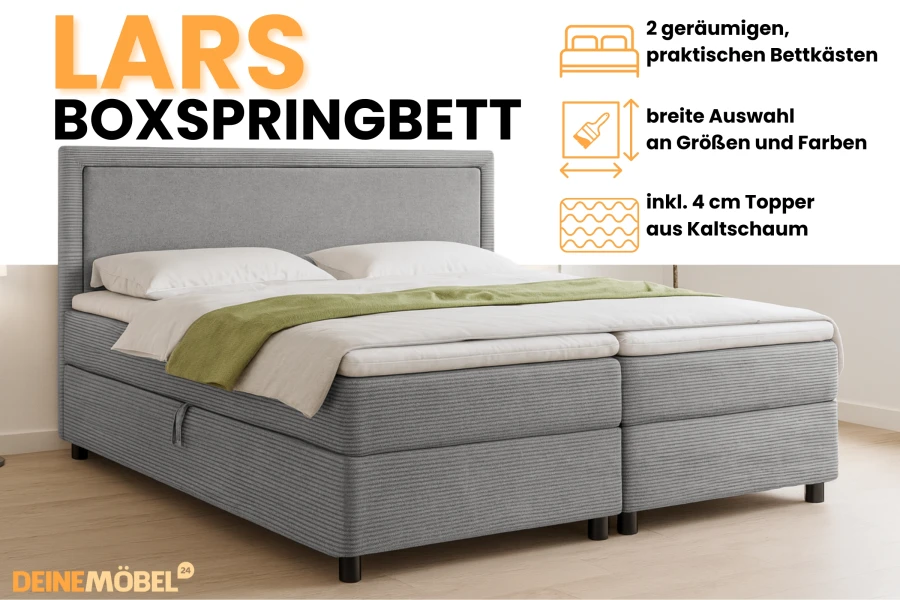 Highlights Lars Boxspringbett: 2 Bettkästen, Farbauswahl und 4 cm Kaltschaum-Topper.