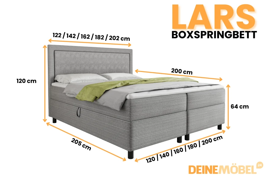 Maße für Lars Boxspringbett: Breiten von 120 bis 200 cm, Liegehöhe 64 cm, Kopfteilhöhe 120 cm.