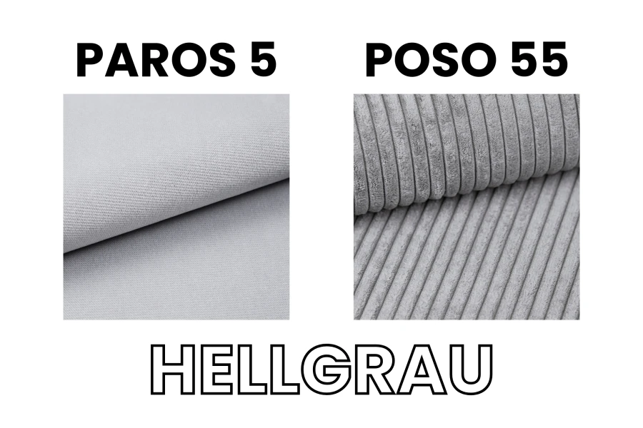 Stoffproben Hellgrau: Feiner Webstoff Paros 5 und weicher Cordstoff Poso 55 für Polsterbetten.