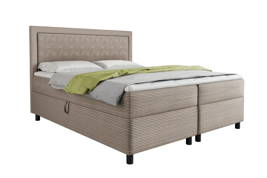 Beiges Boxspringbett Lars mit Cord-Optik, hohem Kopfteil und praktischem Stauraum.