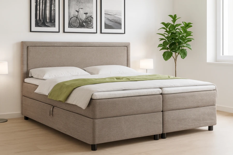 Gemütliches Schlafzimmer mit Lars Boxspringbett in Cord-Beige und dekorativer grüner Decke.