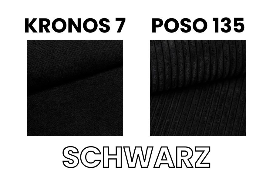 Stoffmuster-Vergleich: Kronos 7 und Poso 135 in der Farbe Schwarz für Polstermöbel.
