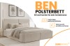 Werbebanner für Polsterbett Ben mit Infos zu Bettkästen und Design-Optionen von DeineMöbel24.