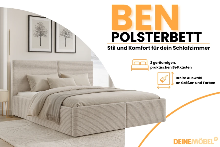 Werbebanner für Polsterbett Ben mit Infos zu Bettkästen und Design-Optionen von DeineMöbel24.