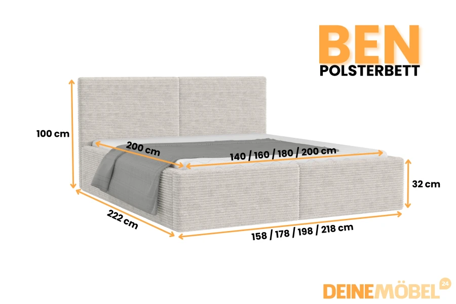 Maßangaben und Abmessungen für das Polsterbett Ben in verschiedenen Breiten und Längen.