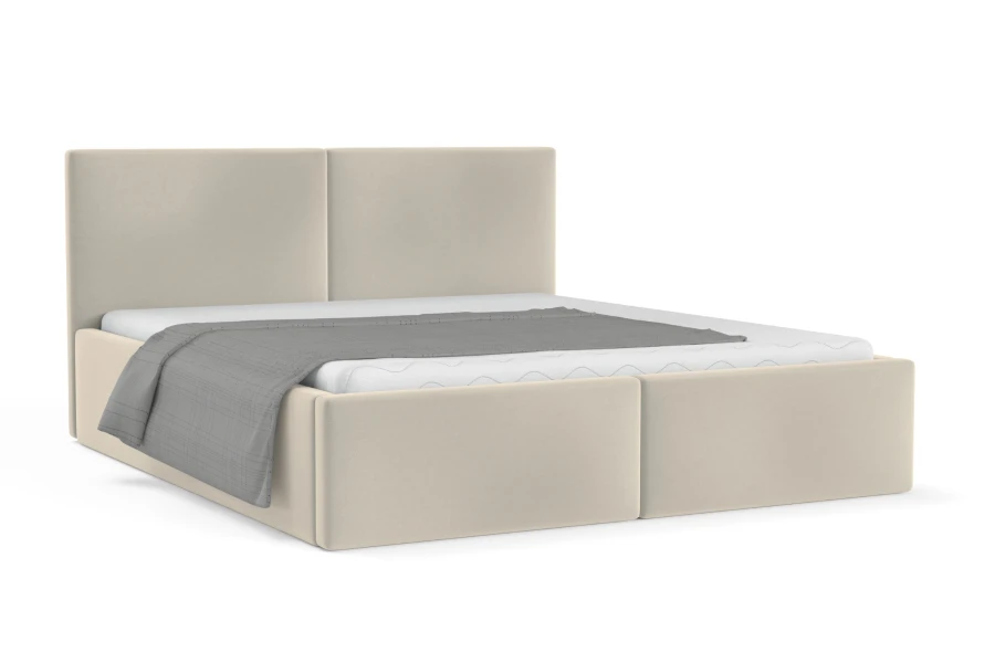 Modernes Polsterbett in Beige mit grauem Bettüberwurf auf weißem Hintergrund.