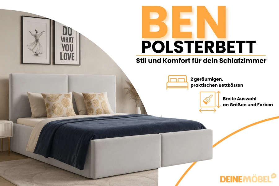 Infografik zum Polsterbett Ben mit Details zu Bettkästen sowie Auswahl an Größen und Farben.