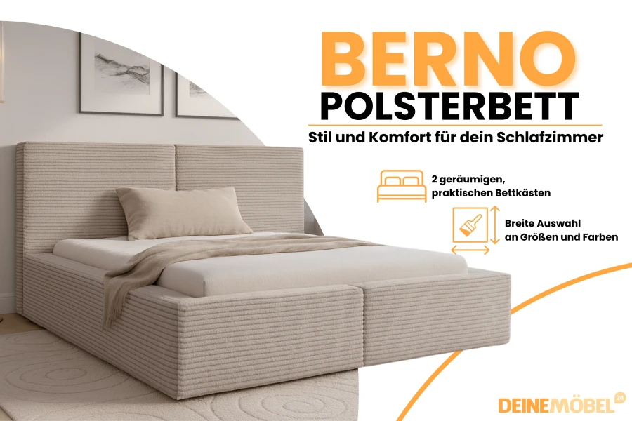 Polsterbett Berno in Beige mit strukturiertem Stoff, Bettkasten und individuellen Auswahloptionen.