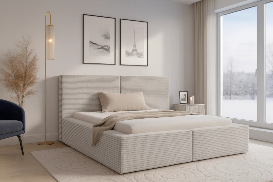 Helles Schlafzimmer-Interieur mit beigem Cordbett und winterlicher Fenster-Aussicht.