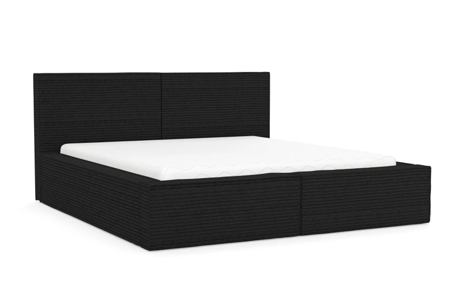 Modernes schwarzes Polsterbett mit Cord-Bezug und weißer Matratze.