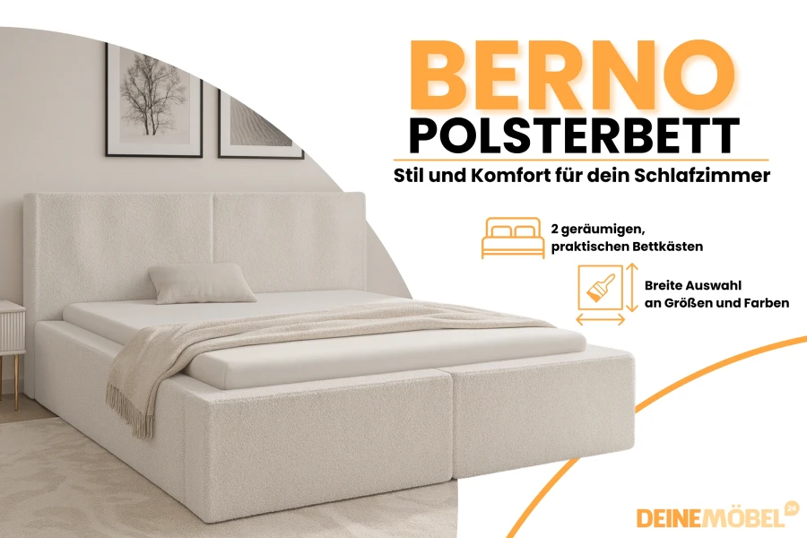 Berno gestoffeerd bed productgrafiek met details over bedbakken en kleurkeuze.