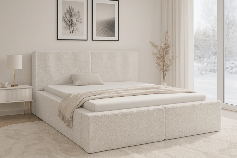 Modernes Schlafzimmer mit beigem Polsterbett und stilvoller Dekoration.