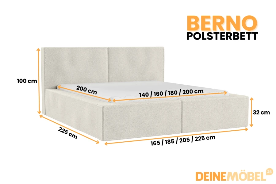 Maßangaben für das Berno Polsterbett in verschiedenen Größen.