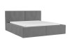 Graues Polsterbett mit weißer Matratze, minimalistisches Design auf weißem Grund.