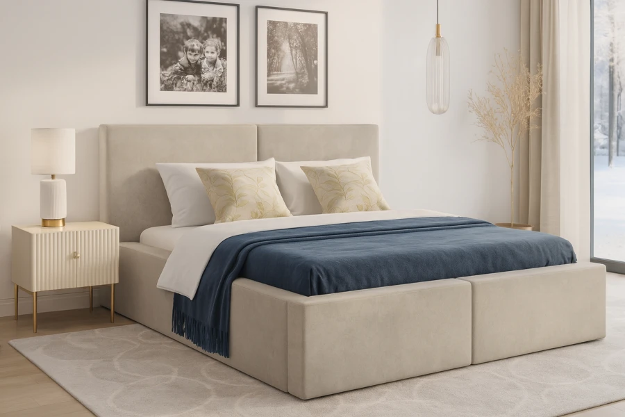 Modernes Polsterbett Berno in Beige mit blauer Decke im gemütlich eingerichteten Schlafzimmer.