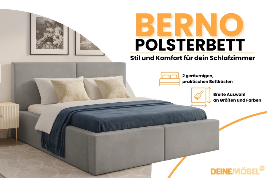 Berno Polsterbett in Grau mit Bettkasten für mehr Komfort im Schlafzimmer