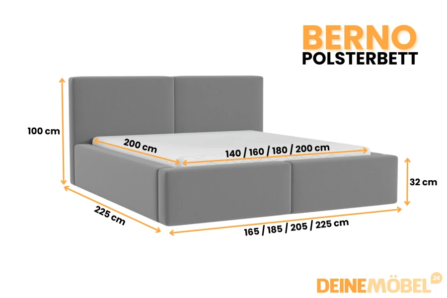 Maßangaben und Abmessungen für das Polsterbett Berno in verschiedenen Größen.