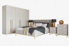 Modernes Schlafzimmermöbel-Set bestehend aus Schrank, Bett und Kommoden auf weißem Hintergrund.