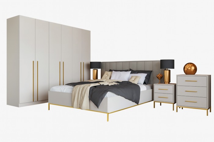 Schlafzimmermöbel-Set bestehend aus Bett, Schrank und Kommoden in Beige-Gold.