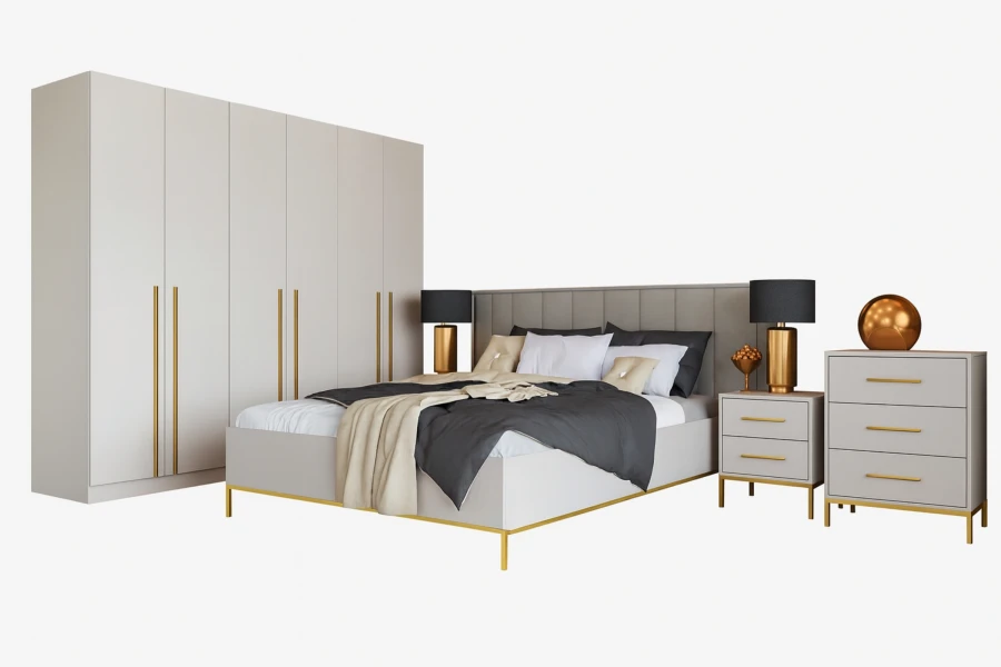 Modernes Schlafzimmermöbel-Set bestehend aus Schrank, Bett und Kommoden auf weißem Hintergrund.