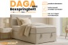 Daga Mini boxspringbed infographic met details over de opbergbox, topper en kleurkeuze.